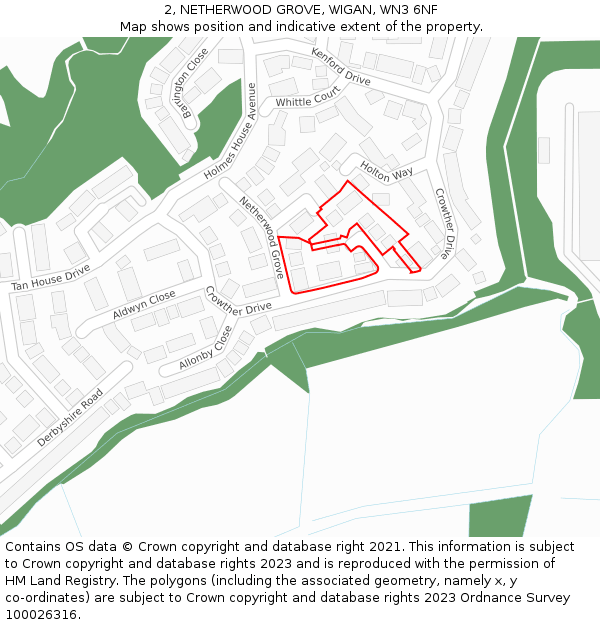 2, NETHERWOOD GROVE, WIGAN, WN3 6NF: Location map and indicative extent of plot