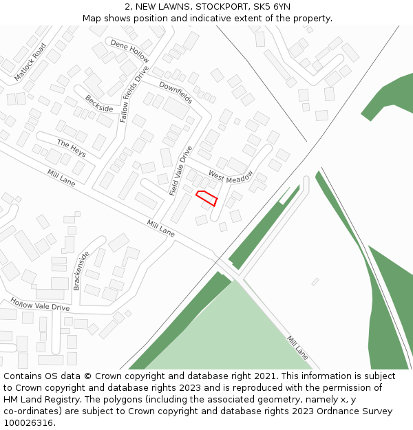 2, NEW LAWNS, STOCKPORT, SK5 6YN: Location map and indicative extent of plot