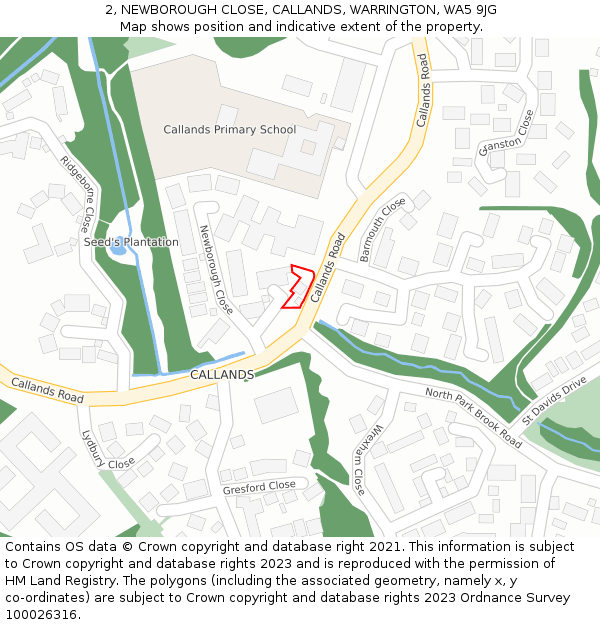 2, NEWBOROUGH CLOSE, CALLANDS, WARRINGTON, WA5 9JG: Location map and indicative extent of plot