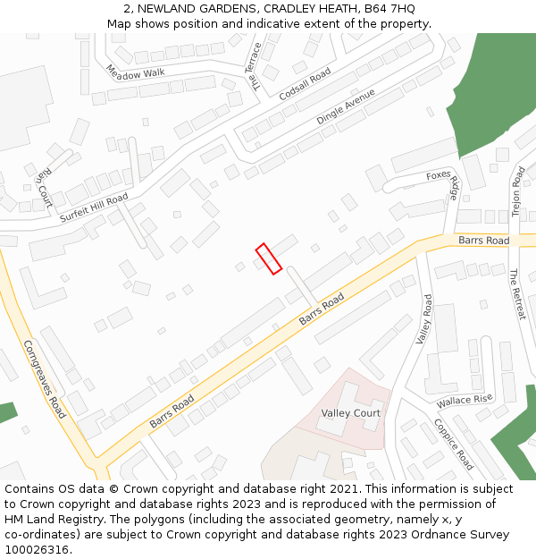 2, NEWLAND GARDENS, CRADLEY HEATH, B64 7HQ: Location map and indicative extent of plot