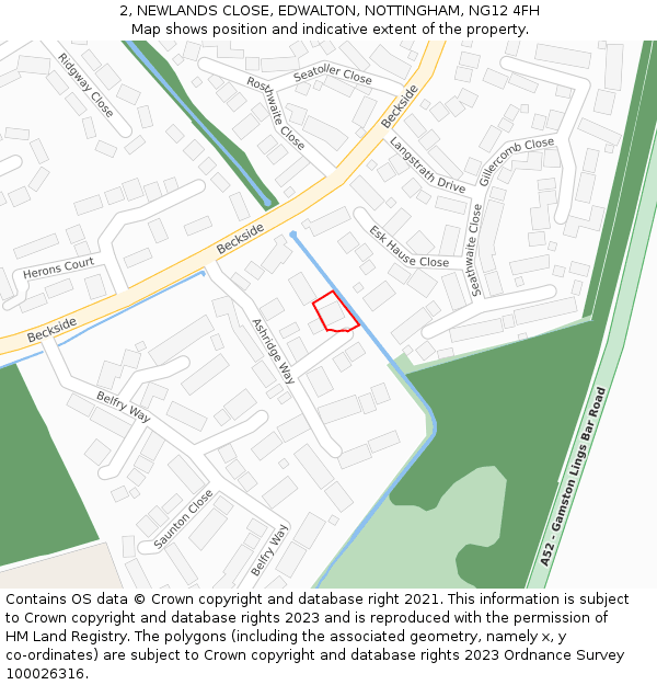 2, NEWLANDS CLOSE, EDWALTON, NOTTINGHAM, NG12 4FH: Location map and indicative extent of plot