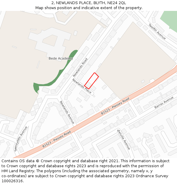 2, NEWLANDS PLACE, BLYTH, NE24 2QL: Location map and indicative extent of plot