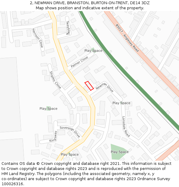 2, NEWMAN DRIVE, BRANSTON, BURTON-ON-TRENT, DE14 3DZ: Location map and indicative extent of plot