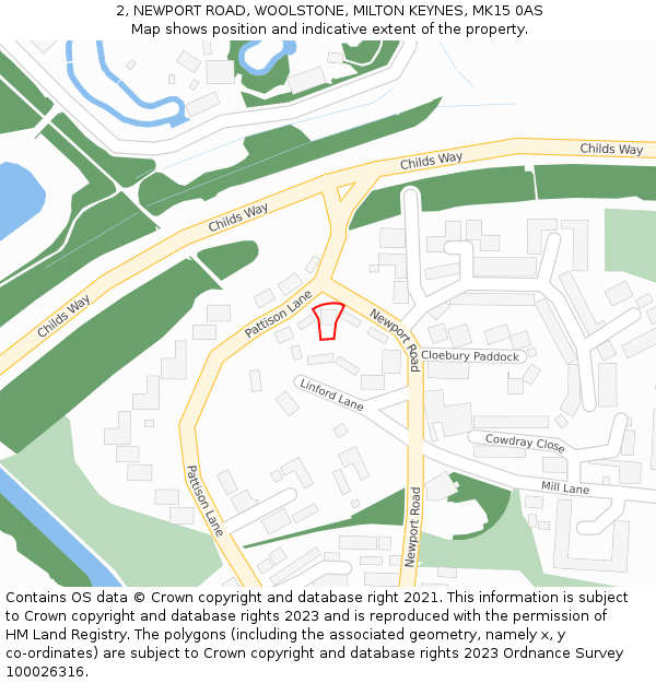 2, NEWPORT ROAD, WOOLSTONE, MILTON KEYNES, MK15 0AS: Location map and indicative extent of plot