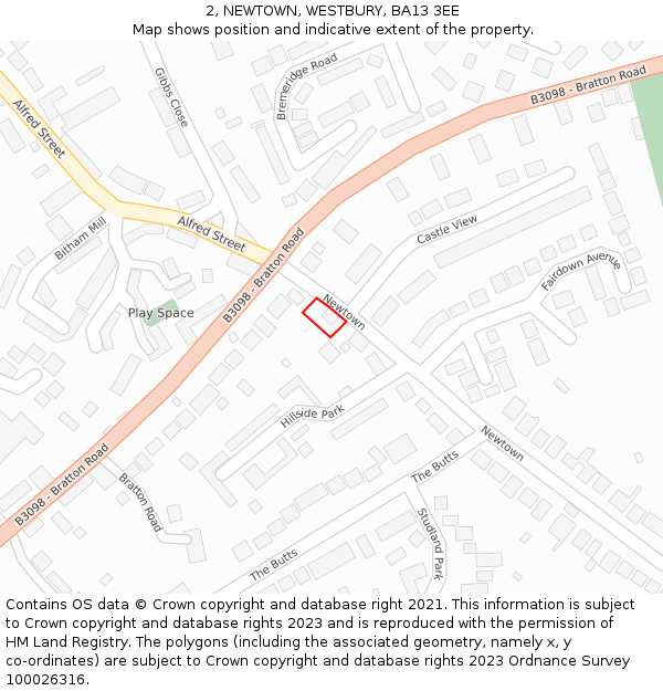 2, NEWTOWN, WESTBURY, BA13 3EE: Location map and indicative extent of plot