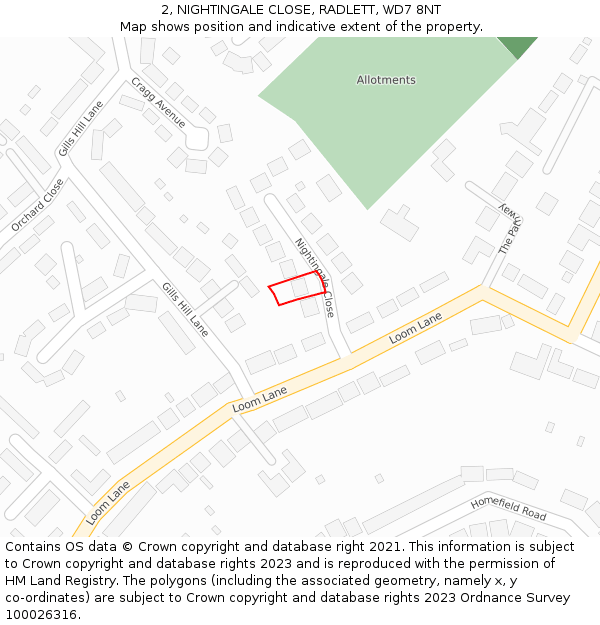 2, NIGHTINGALE CLOSE, RADLETT, WD7 8NT: Location map and indicative extent of plot