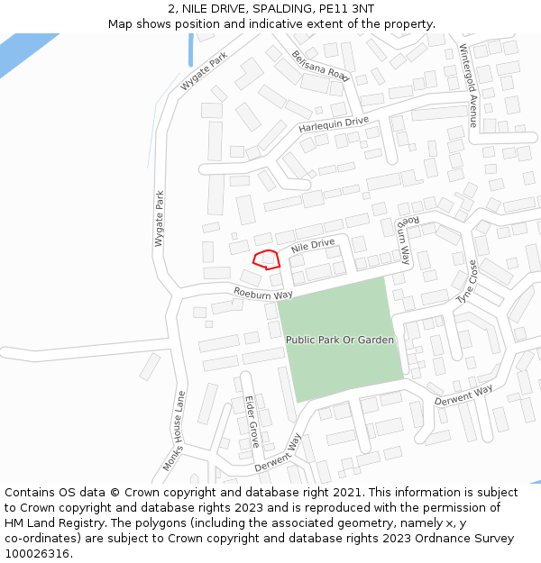 2, NILE DRIVE, SPALDING, PE11 3NT: Location map and indicative extent of plot