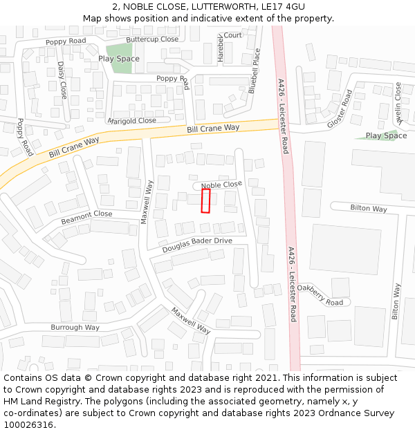 2, NOBLE CLOSE, LUTTERWORTH, LE17 4GU: Location map and indicative extent of plot