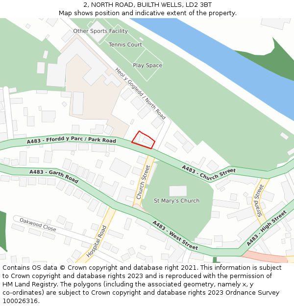 2, NORTH ROAD, BUILTH WELLS, LD2 3BT: Location map and indicative extent of plot