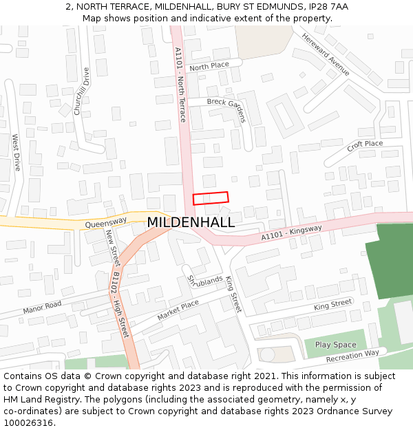 2, NORTH TERRACE, MILDENHALL, BURY ST EDMUNDS, IP28 7AA: Location map and indicative extent of plot