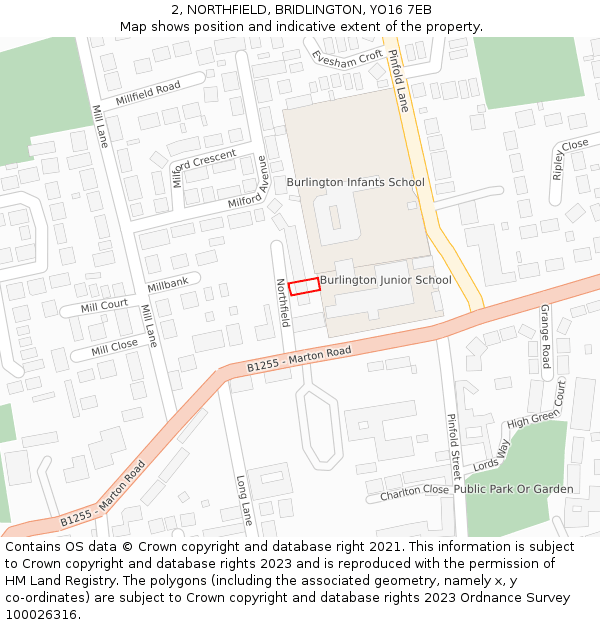 2, NORTHFIELD, BRIDLINGTON, YO16 7EB: Location map and indicative extent of plot