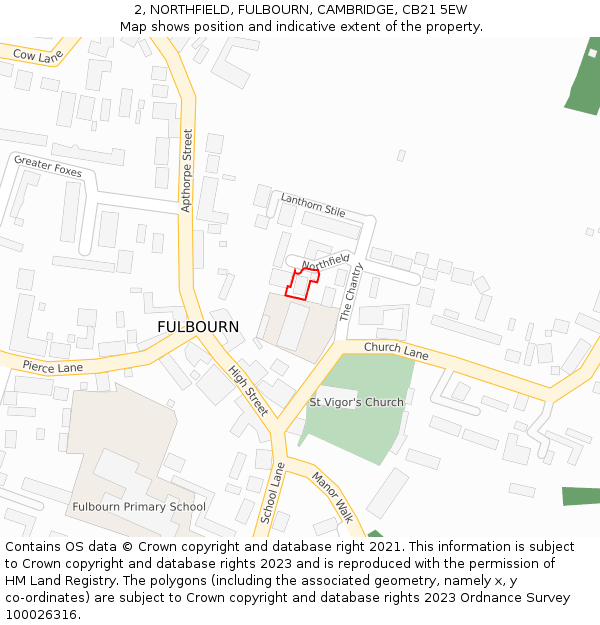 2, NORTHFIELD, FULBOURN, CAMBRIDGE, CB21 5EW: Location map and indicative extent of plot