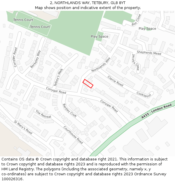 2, NORTHLANDS WAY, TETBURY, GL8 8YT: Location map and indicative extent of plot