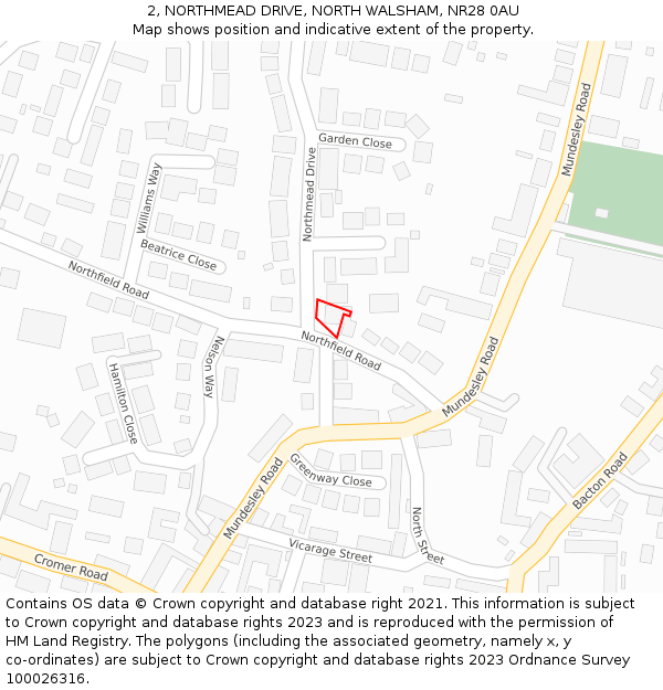 2, NORTHMEAD DRIVE, NORTH WALSHAM, NR28 0AU: Location map and indicative extent of plot