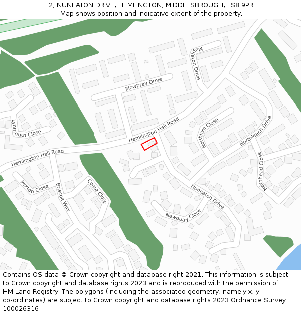 2, NUNEATON DRIVE, HEMLINGTON, MIDDLESBROUGH, TS8 9PR: Location map and indicative extent of plot