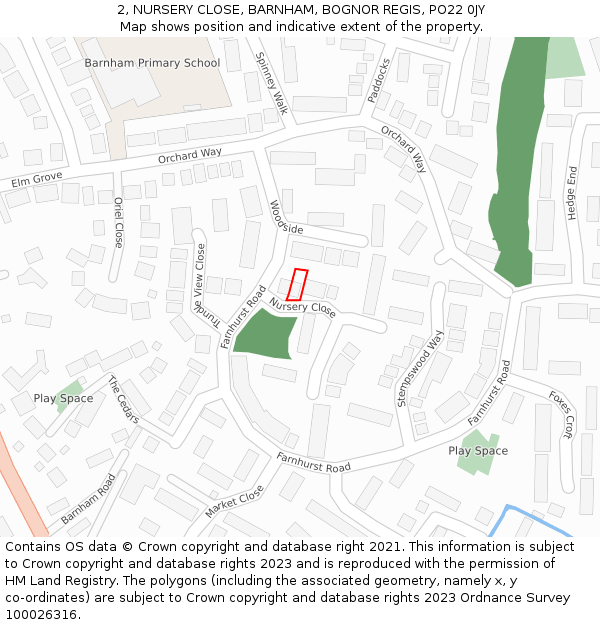 2, NURSERY CLOSE, BARNHAM, BOGNOR REGIS, PO22 0JY: Location map and indicative extent of plot