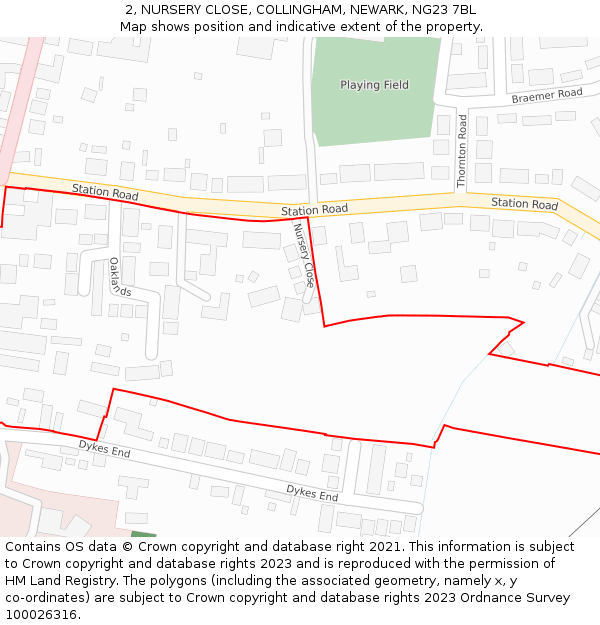 2, NURSERY CLOSE, COLLINGHAM, NEWARK, NG23 7BL: Location map and indicative extent of plot