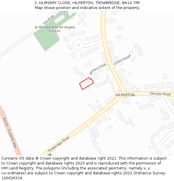 2, NURSERY CLOSE, HILPERTON, TROWBRIDGE, BA14 7RP: Location map and indicative extent of plot