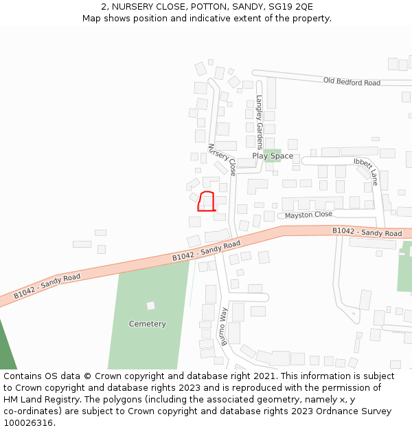 2, NURSERY CLOSE, POTTON, SANDY, SG19 2QE: Location map and indicative extent of plot