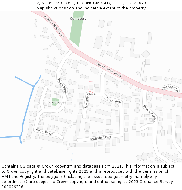 2, NURSERY CLOSE, THORNGUMBALD, HULL, HU12 9GD: Location map and indicative extent of plot