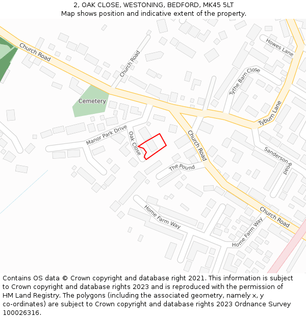 2, OAK CLOSE, WESTONING, BEDFORD, MK45 5LT: Location map and indicative extent of plot