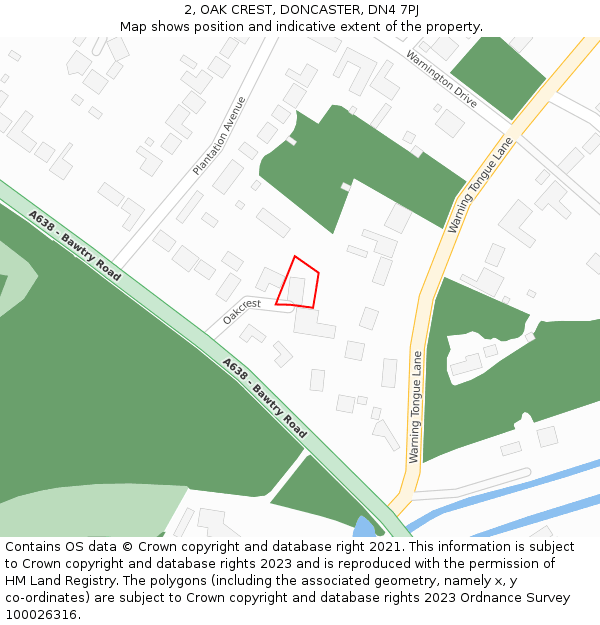 2, OAK CREST, DONCASTER, DN4 7PJ: Location map and indicative extent of plot