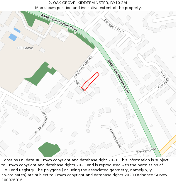 2, OAK GROVE, KIDDERMINSTER, DY10 3AL: Location map and indicative extent of plot