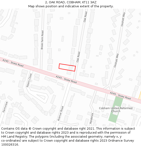 2, OAK ROAD, COBHAM, KT11 3AZ: Location map and indicative extent of plot