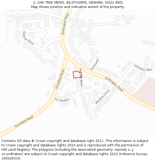 2, OAK TREE MEWS, BILSTHORPE, NEWARK, NG22 8WQ: Location map and indicative extent of plot