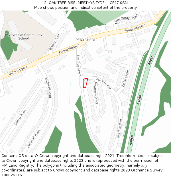 2, OAK TREE RISE, MERTHYR TYDFIL, CF47 0SN: Location map and indicative extent of plot
