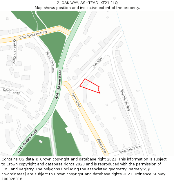 2, OAK WAY, ASHTEAD, KT21 1LQ: Location map and indicative extent of plot