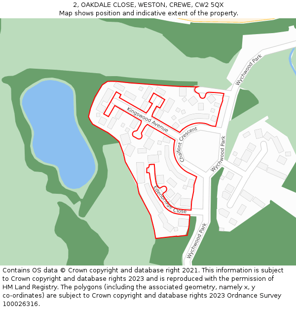 2, OAKDALE CLOSE, WESTON, CREWE, CW2 5QX: Location map and indicative extent of plot