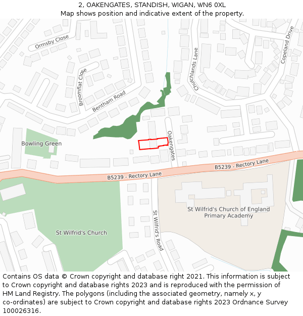 2, OAKENGATES, STANDISH, WIGAN, WN6 0XL: Location map and indicative extent of plot