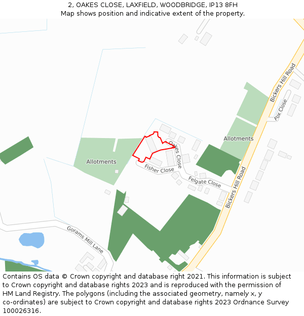 2, OAKES CLOSE, LAXFIELD, WOODBRIDGE, IP13 8FH: Location map and indicative extent of plot
