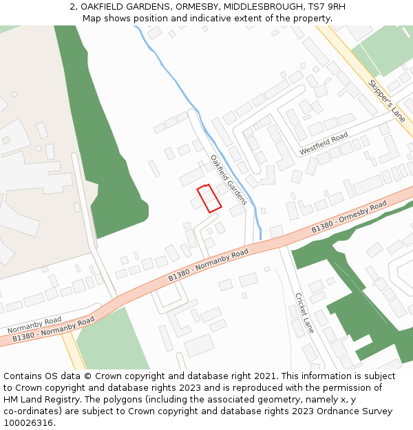 2, OAKFIELD GARDENS, ORMESBY, MIDDLESBROUGH, TS7 9RH: Location map and indicative extent of plot