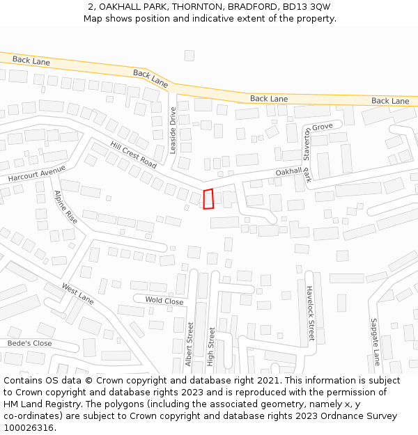 2, OAKHALL PARK, THORNTON, BRADFORD, BD13 3QW: Location map and indicative extent of plot