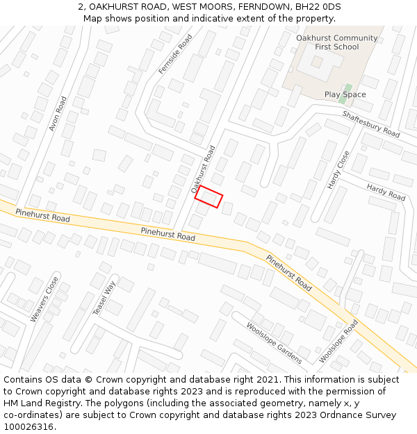 2, OAKHURST ROAD, WEST MOORS, FERNDOWN, BH22 0DS: Location map and indicative extent of plot