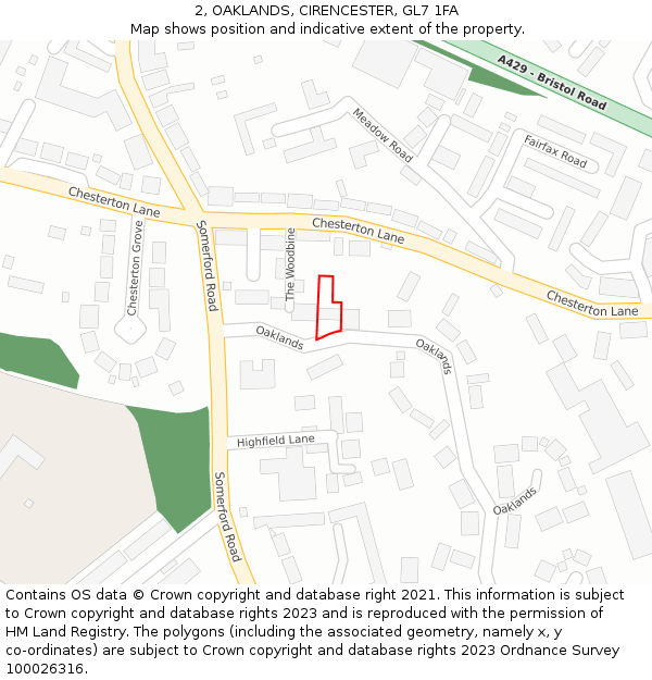 2, OAKLANDS, CIRENCESTER, GL7 1FA: Location map and indicative extent of plot