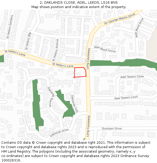 2, OAKLANDS CLOSE, ADEL, LEEDS, LS16 8NS: Location map and indicative extent of plot