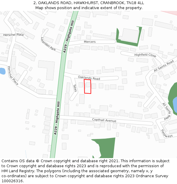 2, OAKLANDS ROAD, HAWKHURST, CRANBROOK, TN18 4LL: Location map and indicative extent of plot