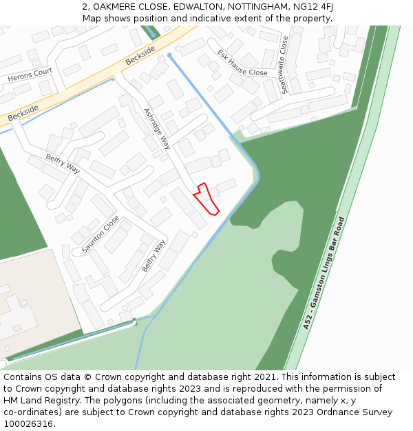 2, OAKMERE CLOSE, EDWALTON, NOTTINGHAM, NG12 4FJ: Location map and indicative extent of plot