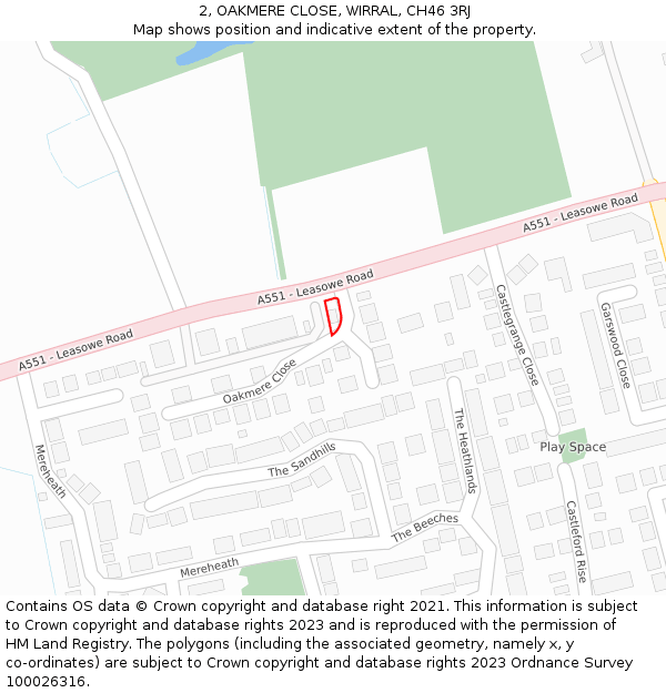 2, OAKMERE CLOSE, WIRRAL, CH46 3RJ: Location map and indicative extent of plot