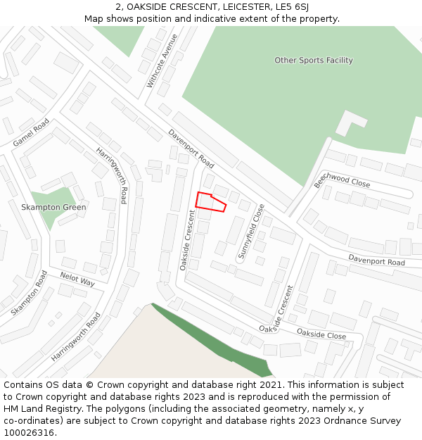 2, OAKSIDE CRESCENT, LEICESTER, LE5 6SJ: Location map and indicative extent of plot