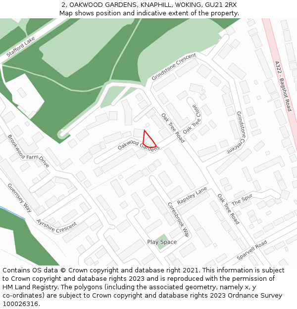 2, OAKWOOD GARDENS, KNAPHILL, WOKING, GU21 2RX: Location map and indicative extent of plot