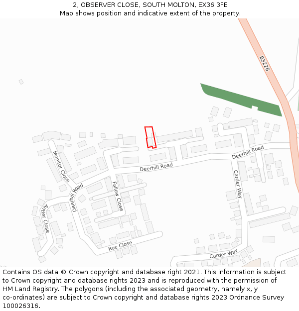 2, OBSERVER CLOSE, SOUTH MOLTON, EX36 3FE: Location map and indicative extent of plot