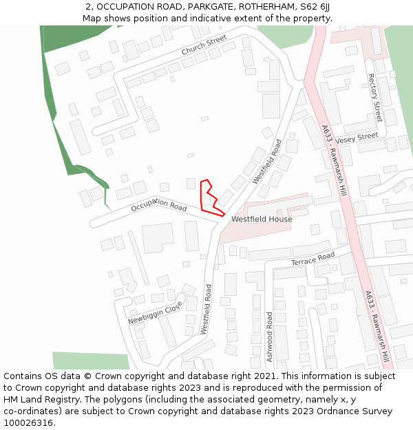 2, OCCUPATION ROAD, PARKGATE, ROTHERHAM, S62 6JJ: Location map and indicative extent of plot