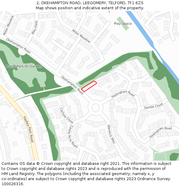 2, OKEHAMPTON ROAD, LEEGOMERY, TELFORD, TF1 6ZS: Location map and indicative extent of plot