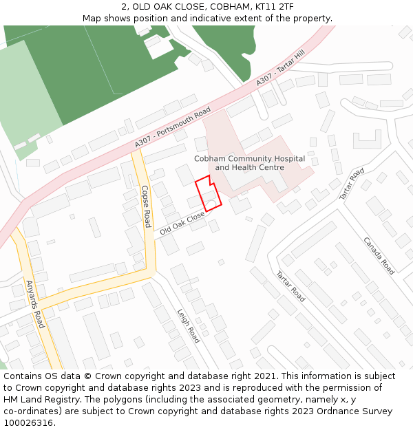 2, OLD OAK CLOSE, COBHAM, KT11 2TF: Location map and indicative extent of plot