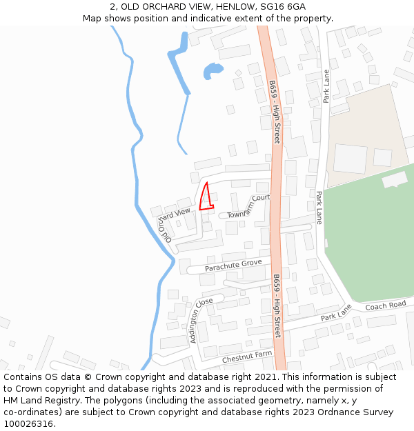 2, OLD ORCHARD VIEW, HENLOW, SG16 6GA: Location map and indicative extent of plot