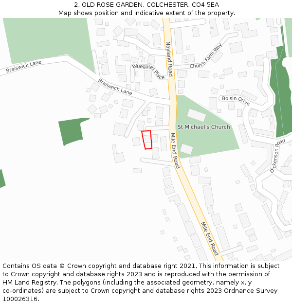 2, OLD ROSE GARDEN, COLCHESTER, CO4 5EA: Location map and indicative extent of plot